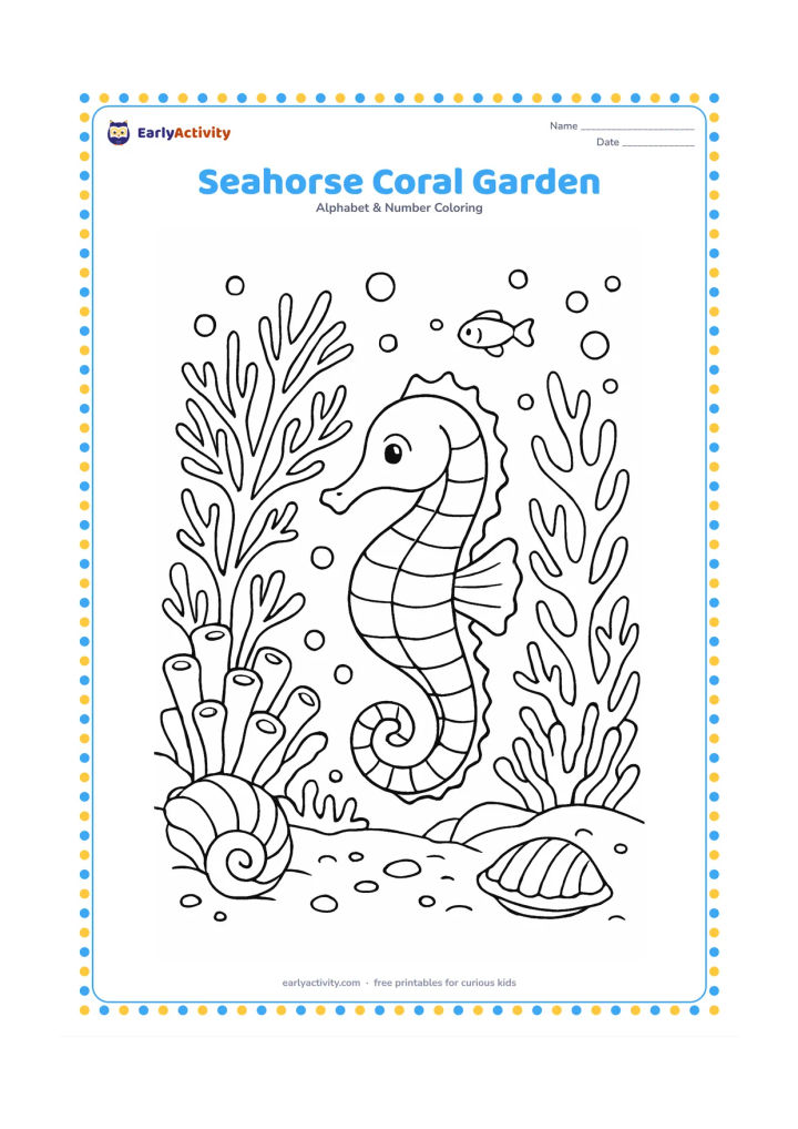 Colouring page: A seahorse swims through a richly arranged coral garden with sea fans, shells, bubbles, small fish and a sandy seabed. Give the seahorse a curled tail and clear body segments while…