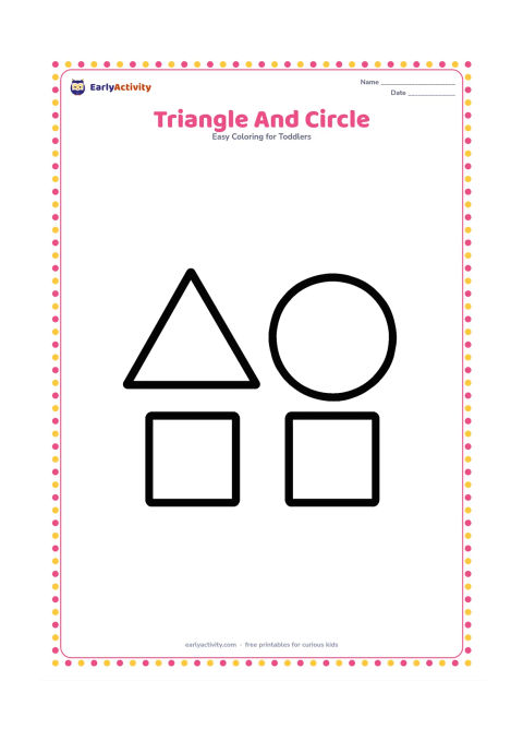 Colouring page: Place one large triangle and one large circle side by side on the page, with a small square underneath each shape. Keep all shapes separate and empty inside.