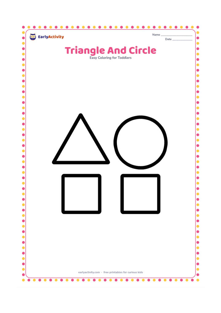 Colouring page: Place one large triangle and one large circle side by side on the page, with a small square underneath each shape. Keep all shapes separate and empty inside.