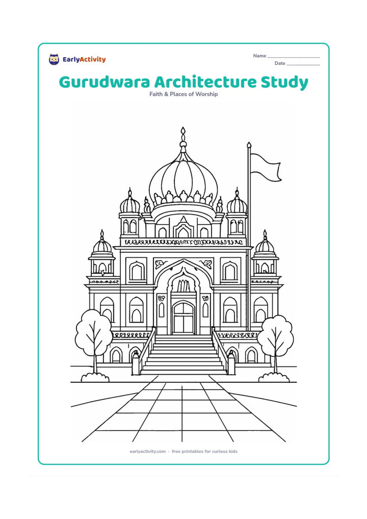 Colouring page: Draw a detailed front view of a grand gurudwara with layered dome, ornate archways, columns, patterned railings, steps, windows and the Nishan Sahib. Add balanced trees and paving in the…