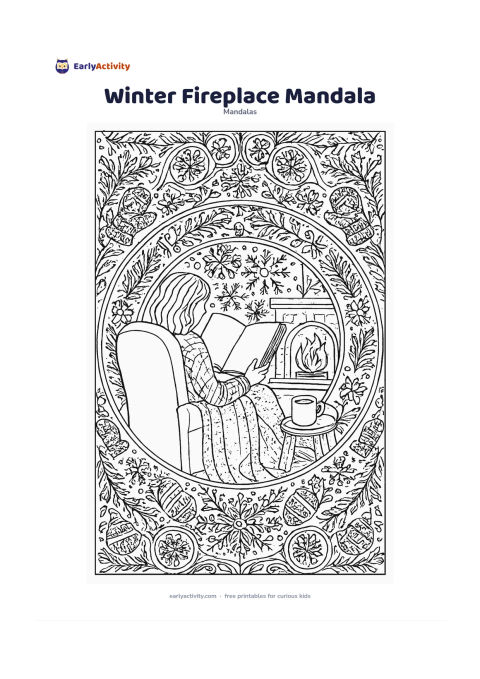 Colouring page: Create a circular mandala with a person reading an open, completely blank book beside a small fireplace, surrounded by a chair, blanket and mug. Use repeating snowflakes, mittens, pine…