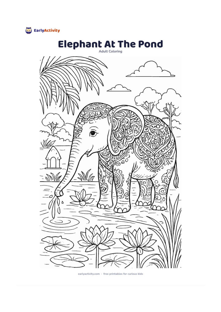 Colouring page: Draw a calm Indian elephant using its trunk to spray water at the edge of a pond. Include lotus flowers, reeds, palm leaves, a small stone shrine shape without markings, distant trees…