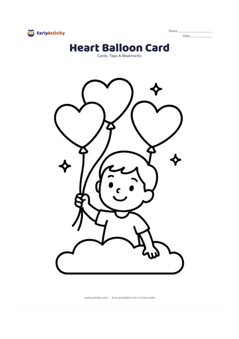Worksheet: Three large heart-shaped balloons float above a simple smiling child holding their strings, with a broad blank cloud panel at the bottom. Add only a few small stars and no text, letters…