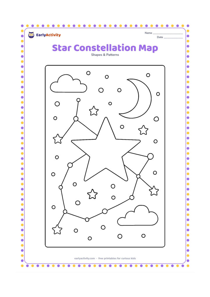 Colouring page: A large five-point star and many round dot stars are connected by thin, unlabelled lines across a sky with a crescent moon and wispy clouds.