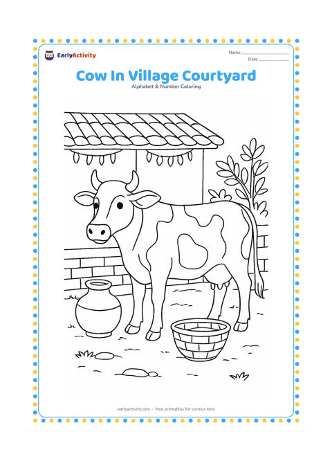 Colouring page: A calm cow stands in an Indian village courtyard beside a clay water pot, a woven basket, a low wall, and leafy plants. Add a tiled roof and a few hanging garlands in the background…