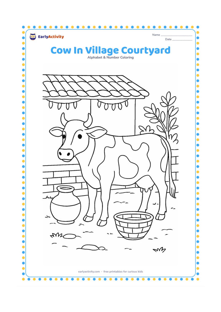 Colouring page: A calm cow stands in an Indian village courtyard beside a clay water pot, a woven basket, a low wall, and leafy plants. Add a tiled roof and a few hanging garlands in the background…
