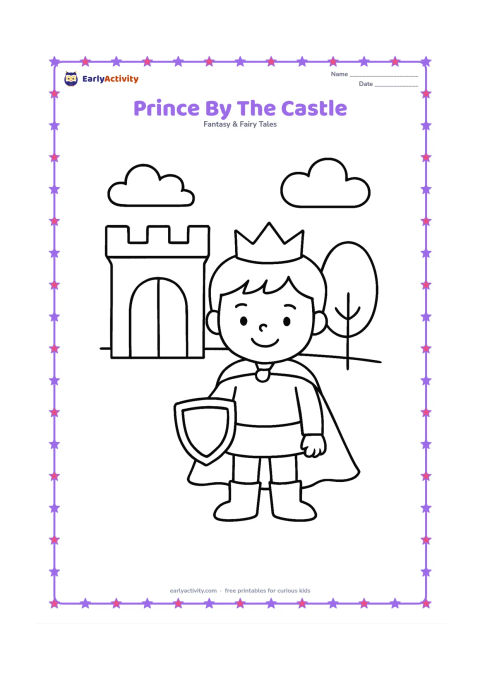 Colouring page: A smiling young prince stands beside a simple castle gate, holding a small shield and wearing a crown, cape, and boots. Include one tree, two clouds, and a clear open ground area.