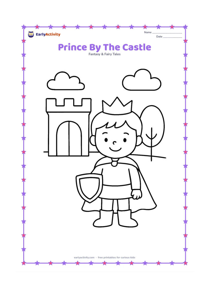 Colouring page: A smiling young prince stands beside a simple castle gate, holding a small shield and wearing a crown, cape, and boots. Include one tree, two clouds, and a clear open ground area.