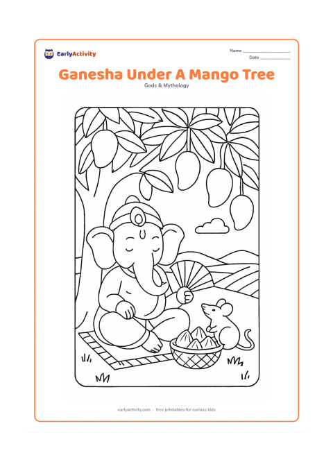 Colouring page: Lord Ganesha rests beneath a mango tree in summer, holding a half-open fan while his mouse sits beside a basket of mangoes and modaks. Add hanging mangoes, a woven mat and distant fields.