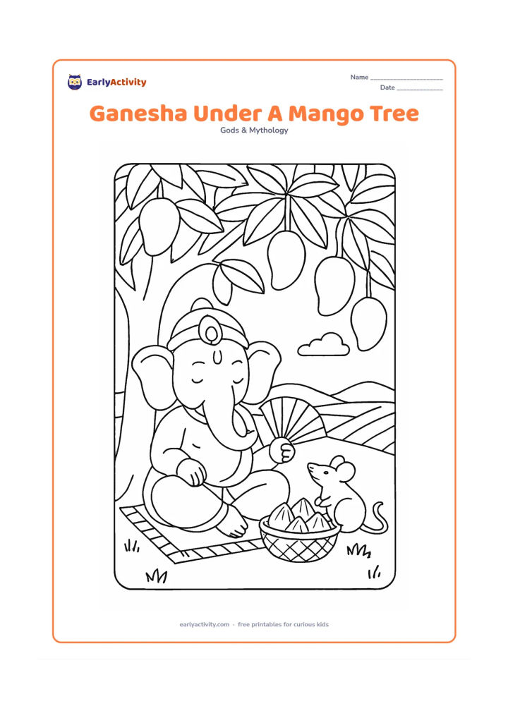 Colouring page: Lord Ganesha rests beneath a mango tree in summer, holding a half-open fan while his mouse sits beside a basket of mangoes and modaks. Add hanging mangoes, a woven mat and distant fields.