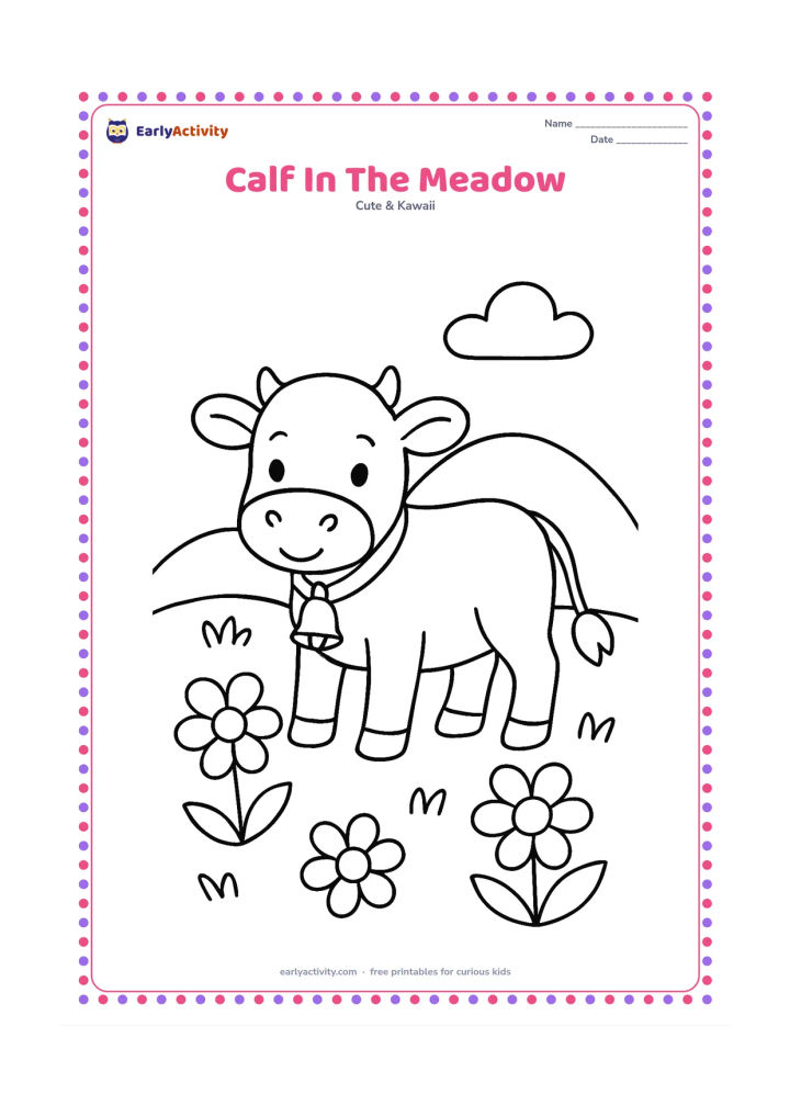 Colouring page: A sweet calf stands in a grassy meadow facing the viewer, with a small bell-shaped collar. Add three large flowers and a rounded hill behind it.
