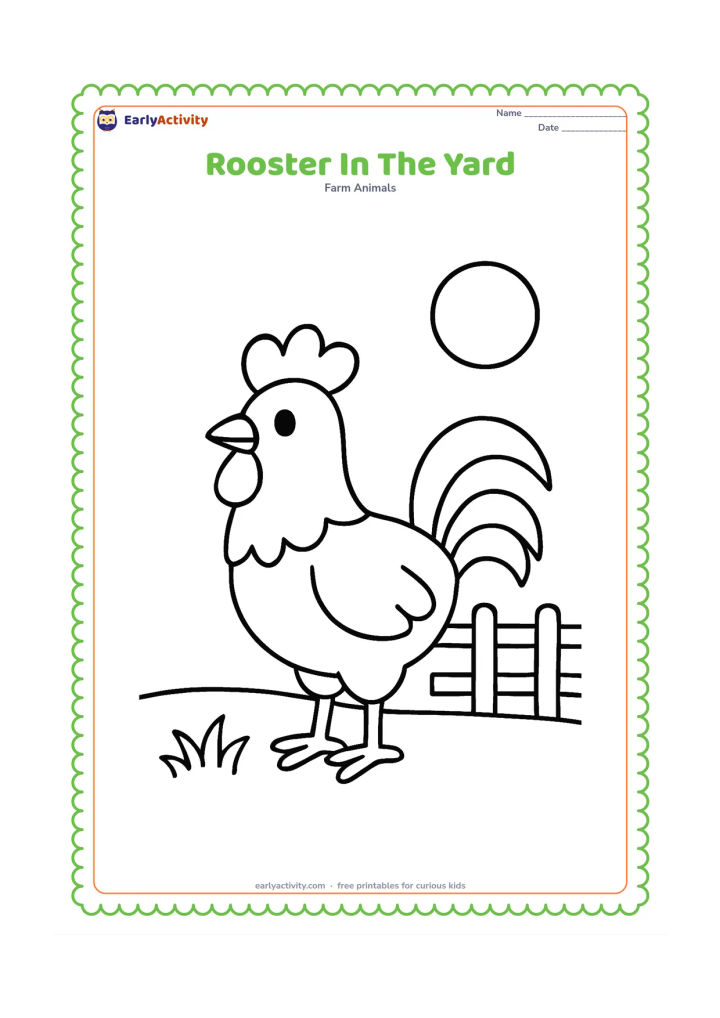 Colouring page: Draw a friendly rooster standing in a simple farmyard with a low fence, one patch of grass and a round sun. Keep the rooster large in the centre with plenty of open space around it.