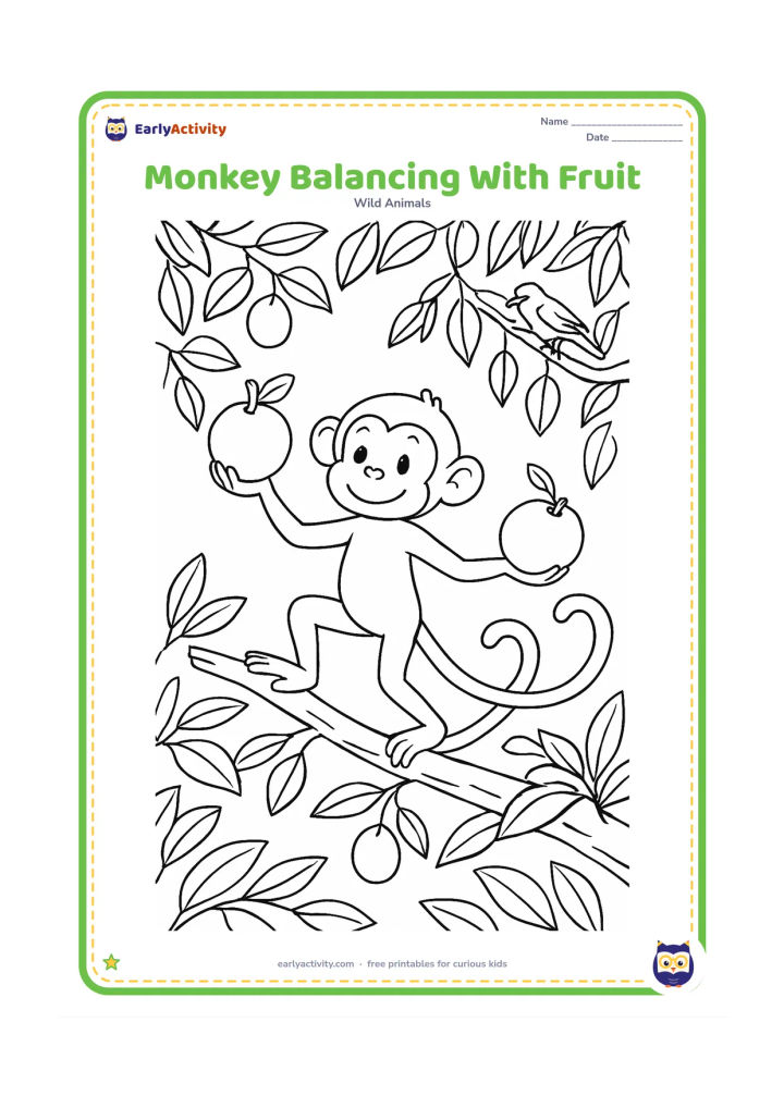 Colouring page: Draw one monkey balancing on a branch while carrying a fruit in each hand, with its long tail wrapped around the branch. Add a fruit-laden tree, hanging vines and a bird perched far away.