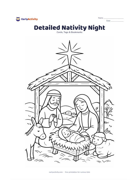 Worksheet: Draw a peaceful nativity scene inside a wooden stable beneath a large radiant star, with gentle figures, animals, hay, hills and a village in the distance. Add carefully patterned…