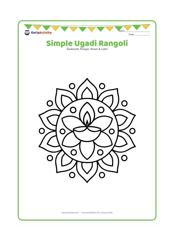 Colouring page: A large symmetrical rangoli made from dots, petals and simple curved shapes, with a small diya in the centre.