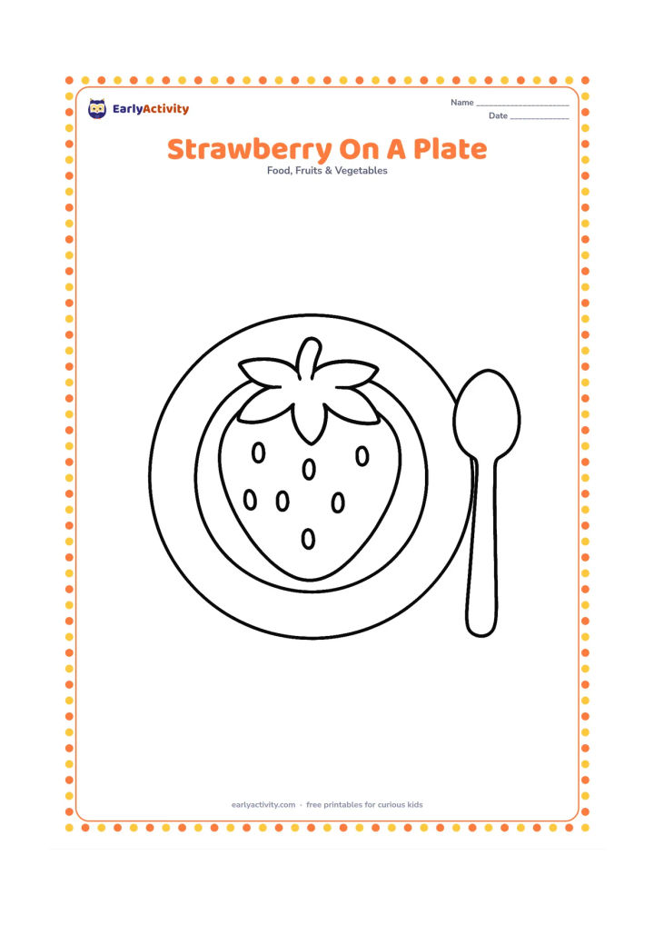 Colouring page: Draw one large strawberry on a plain round plate, with a calyx, several widely spaced seed dots, and a small spoon placed beside the plate.