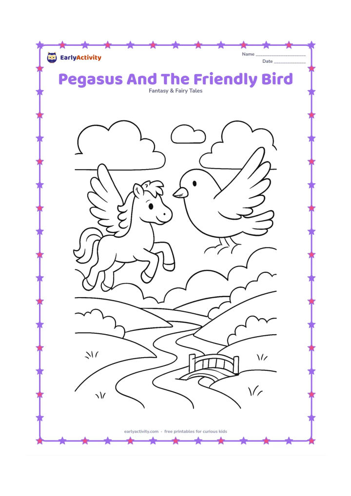 Colouring page: Draw a pegasus flying beside a large friendly bird over rolling hills, with layered clouds, a winding river and a small wooden footbridge below. Both animals should face the same direction.