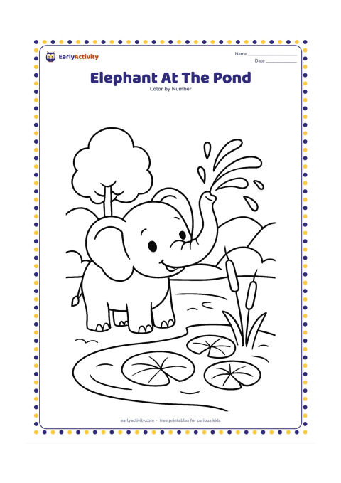 Colouring page: Draw a young elephant spraying water from its trunk at the edge of a pond. Include lotus leaves, two reeds, a rounded tree, and distant hills.