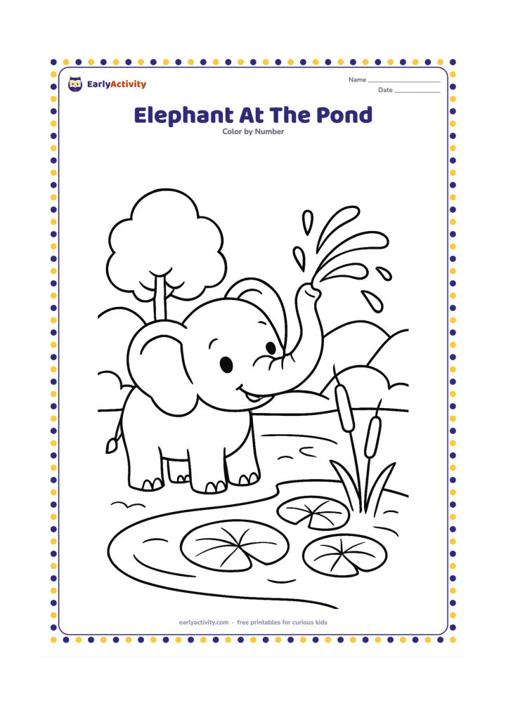Colouring page: Draw a young elephant spraying water from its trunk at the edge of a pond. Include lotus leaves, two reeds, a rounded tree, and distant hills.