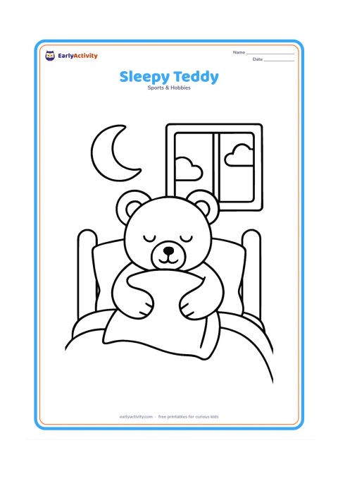 Colouring page: A teddy bear cuddles a large pillow under a simple blanket, with a crescent moon and two clouds outside a nearby window. Show the bear sitting upright with a gentle sleepy expression.