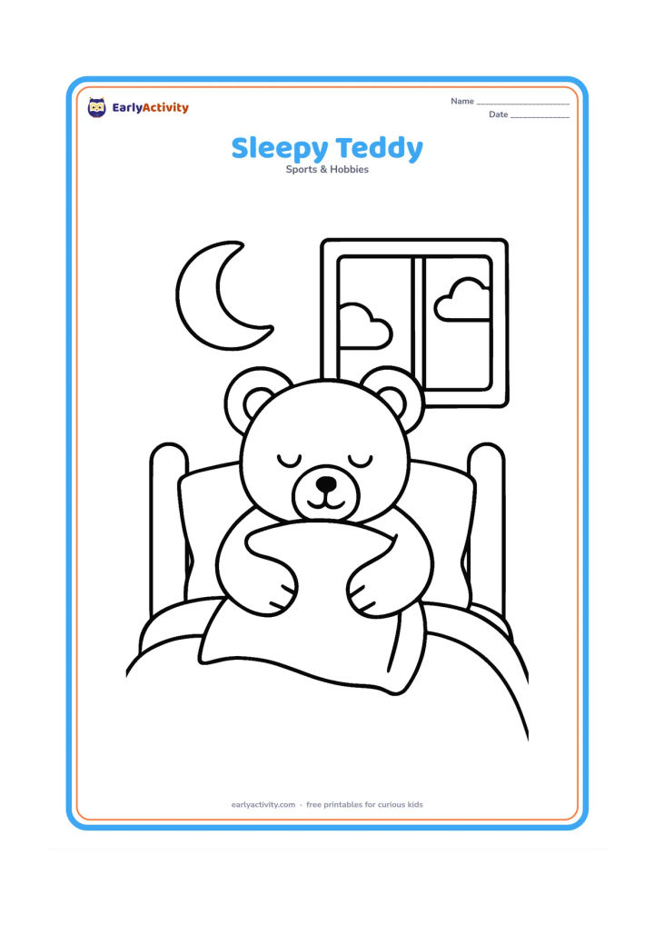 Colouring page: A teddy bear cuddles a large pillow under a simple blanket, with a crescent moon and two clouds outside a nearby window. Show the bear sitting upright with a gentle sleepy expression.
