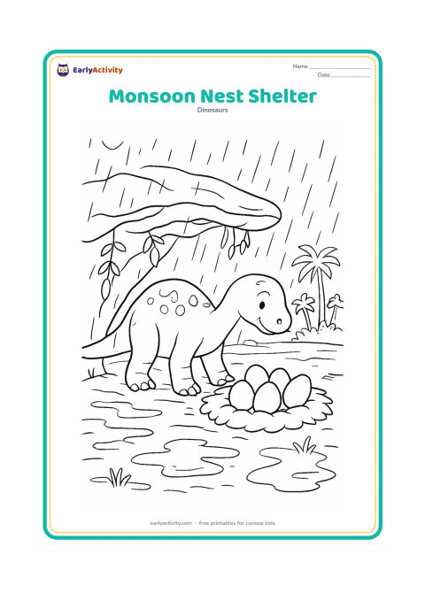 Colouring page: A dinosaur parent bends beneath a wide rocky overhang to shelter a nest of five eggs from monsoon rain. Add layered wet ground, hanging vines, puddles, and distant palms.