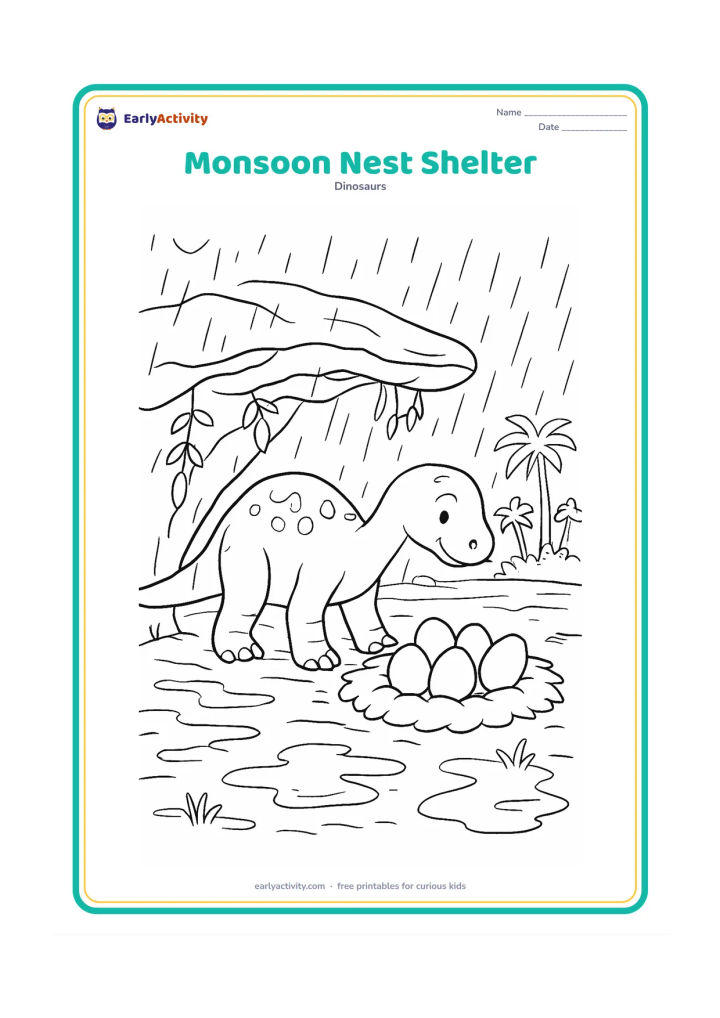 Colouring page: A dinosaur parent bends beneath a wide rocky overhang to shelter a nest of five eggs from monsoon rain. Add layered wet ground, hanging vines, puddles, and distant palms.