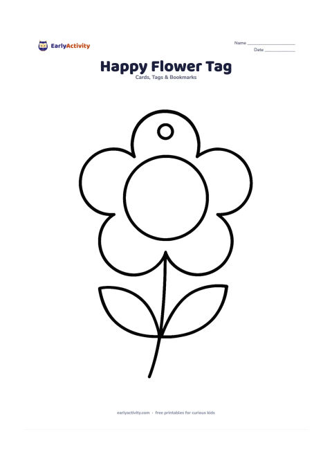 Worksheet: Draw a large five-petal flower-shaped gift tag with a circular blank centre for writing and a small hole above one petal. Add a simple stem and two leaves below the flower.
