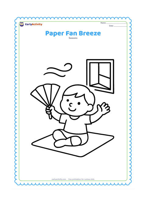 Colouring page: A child waves a large folded paper fan while sitting on a floor mat, with a small open window and two soft breeze curves nearby.