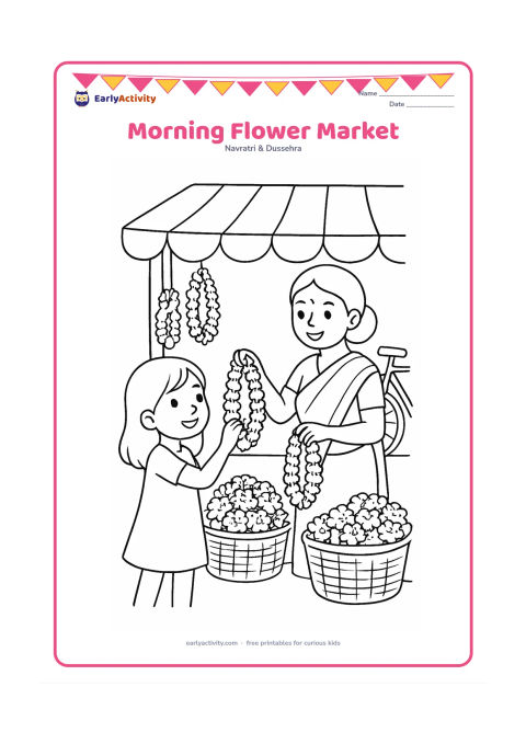 Colouring page: Draw a child choosing marigold garlands from a friendly flower seller at a small Indian market stall for Navratri. Show baskets of flowers, a cloth canopy, and a bicycle in the background.