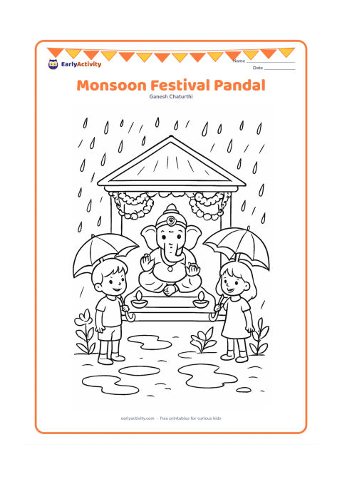 Colouring page: A small community pandal shelters a Ganesha idol during a rainy Ganesh Chaturthi day. Show children with umbrellas, puddles, flower garlands, diyas under the roof and leafy plants.
