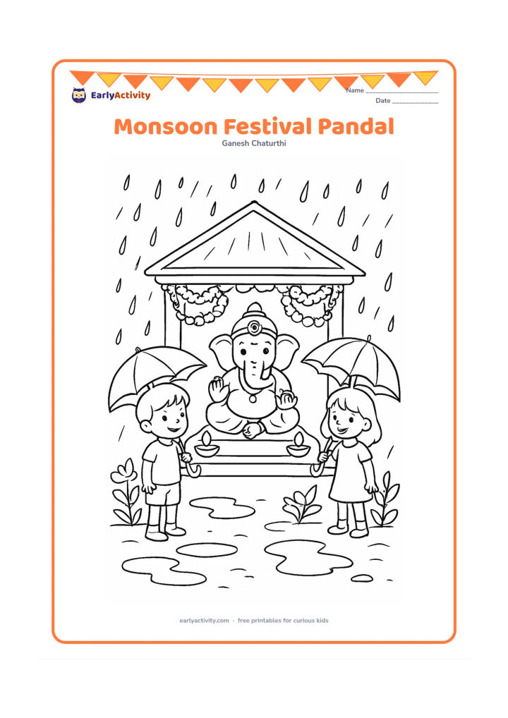 Colouring page: A small community pandal shelters a Ganesha idol during a rainy Ganesh Chaturthi day. Show children with umbrellas, puddles, flower garlands, diyas under the roof and leafy plants.
