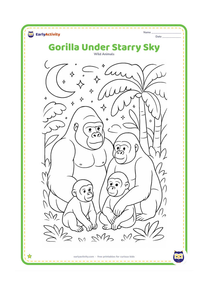 Colouring page: A gorilla family settles together beneath tall rainforest trees at night, with a silverback, an adult and two young gorillas near a leafy shelter. Add stars, a crescent moon, layered…