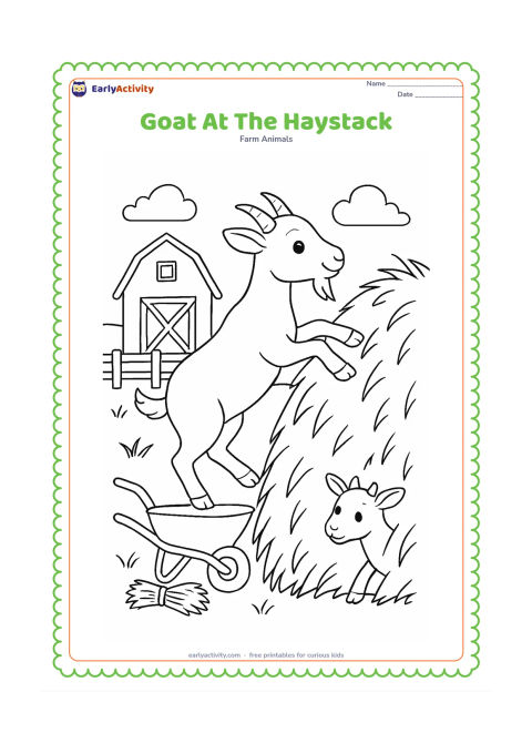 Colouring page: Draw a goat climbing onto a large haystack with its front hooves raised, while another small goat peeks around the side. Add a barn, fence, loose hay bundles, and a wheelbarrow in the…
