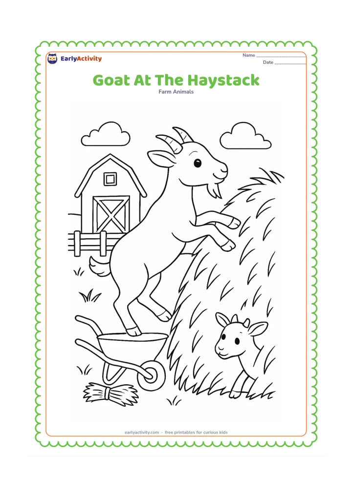 Colouring page: Draw a goat climbing onto a large haystack with its front hooves raised, while another small goat peeks around the side. Add a barn, fence, loose hay bundles, and a wheelbarrow in the…