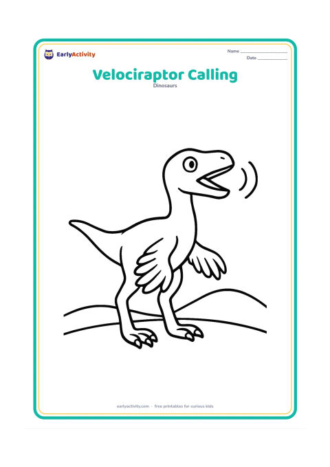 Colouring page: A feathered velociraptor stands with its head raised and mouth gently open as if calling, while three simple curved sound-like motion shapes remain purely decorative with no symbols or…