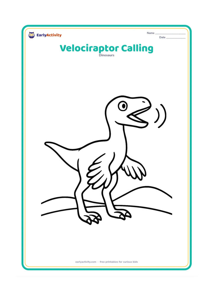 Colouring page: A feathered velociraptor stands with its head raised and mouth gently open as if calling, while three simple curved sound-like motion shapes remain purely decorative with no symbols or…