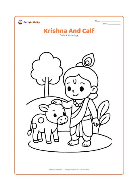 Colouring page: Draw Krishna gently touching the head of a small calf beside him. Add a simple tree, two large leaves, and a rounded patch of grass.
