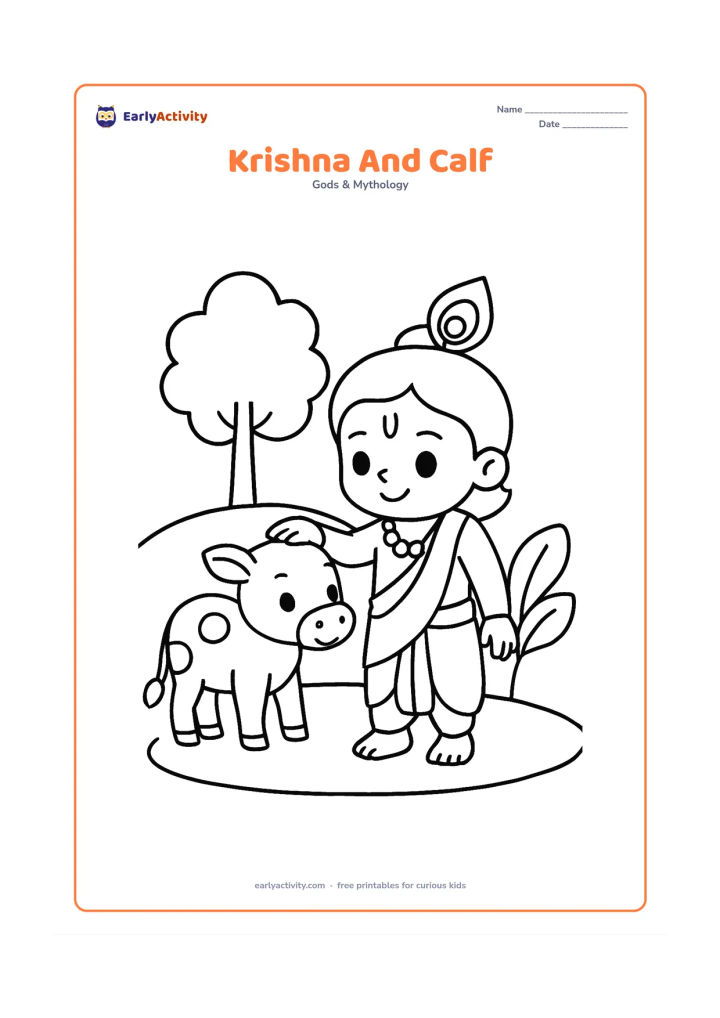 Colouring page: Draw Krishna gently touching the head of a small calf beside him. Add a simple tree, two large leaves, and a rounded patch of grass.