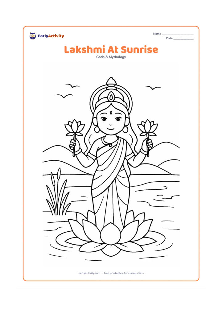 Colouring page: Draw Goddess Lakshmi standing on a lotus as the sun rises behind distant hills, holding two flowers. Add a calm pond, reeds, and a pair of birds in the far sky.