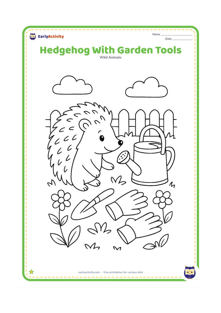 Colouring page: Draw a hedgehog beside a small hand trowel, watering can and pair of gardening gloves in a backyard flower bed. Include a few flowers, leaves and a low fence.