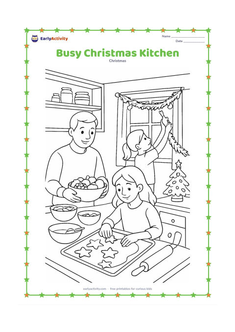 Colouring page: A family prepares festive food in an Indian kitchen, with one person shaping star cookies, another arranging fruit and a child hanging an evergreen garland. Include bowls, a tray,…