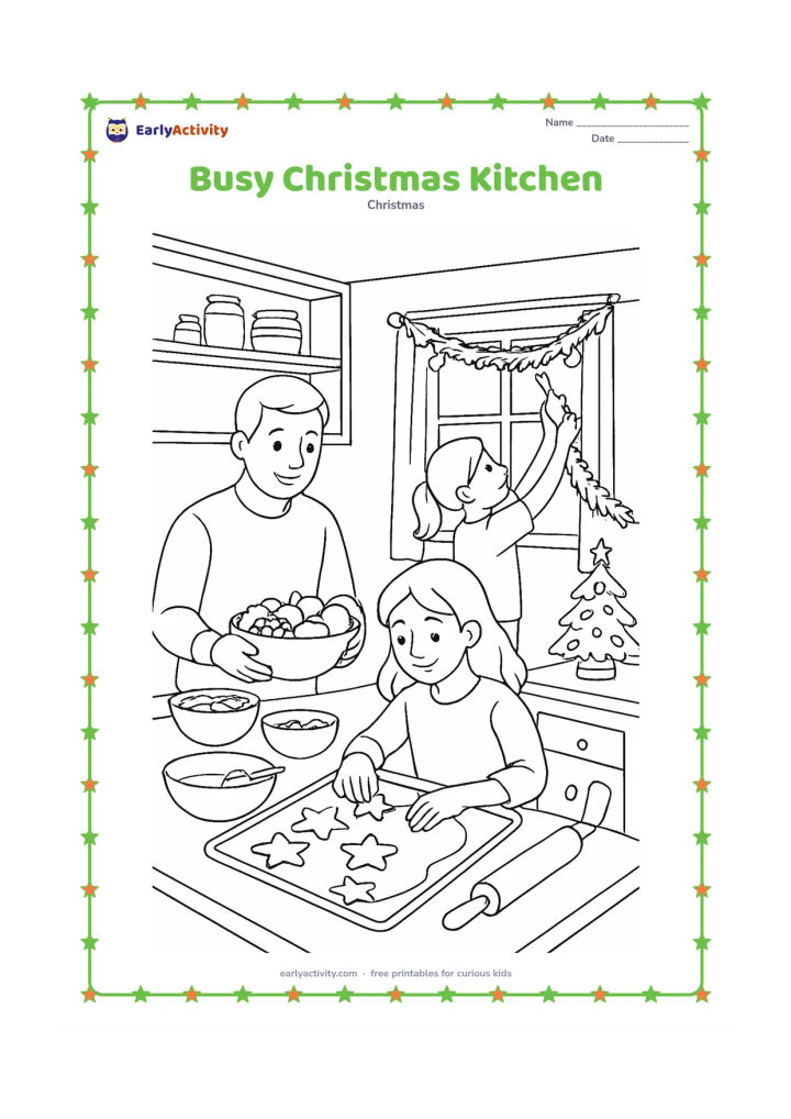 Colouring page: A family prepares festive food in an Indian kitchen, with one person shaping star cookies, another arranging fruit and a child hanging an evergreen garland. Include bowls, a tray,…