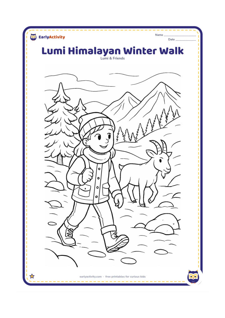 Colouring page: Lumi walks along a snowy mountain trail in layered winter clothing, carrying a small backpack, while a mountain goat follows. Include pine trees, distant peaks, footprints, snow-covered…