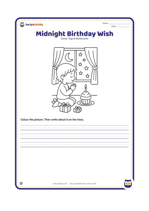 Worksheet: Draw a child sitting beside a window at night, making a wish over a cupcake with one candle. Show a crescent moon, stars, curtains, and a few wrapped presents on the floor.