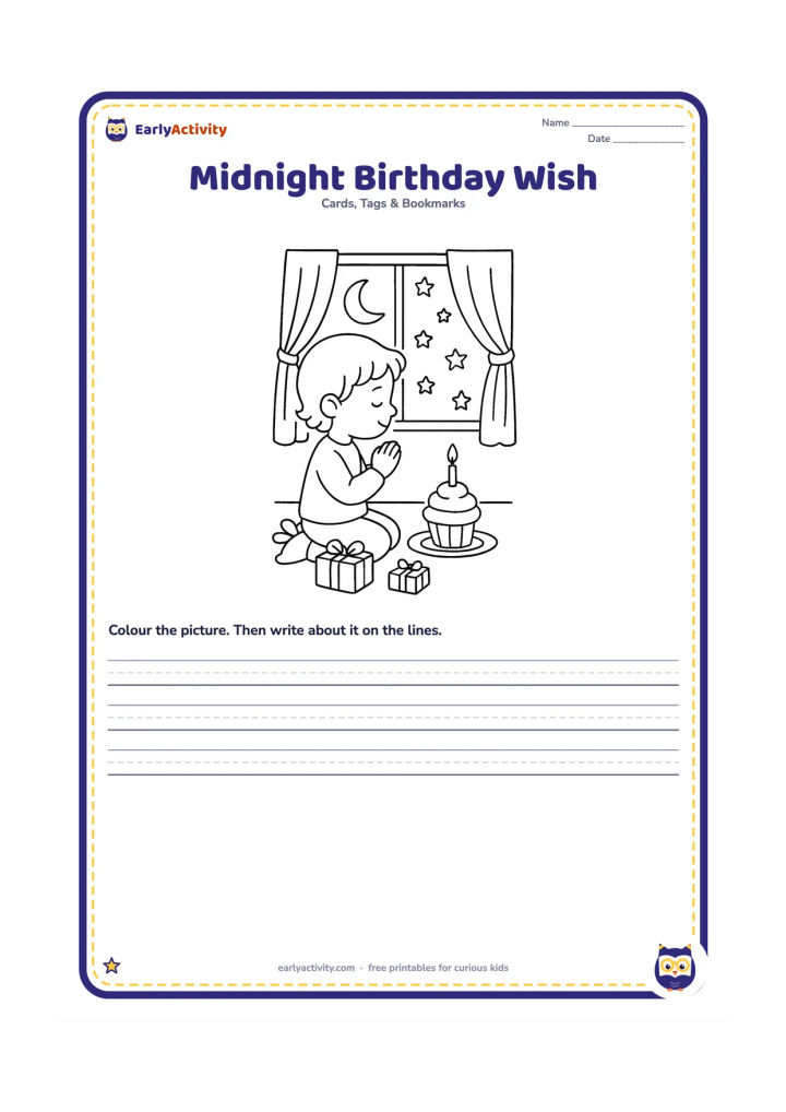 Worksheet: Draw a child sitting beside a window at night, making a wish over a cupcake with one candle. Show a crescent moon, stars, curtains, and a few wrapped presents on the floor.