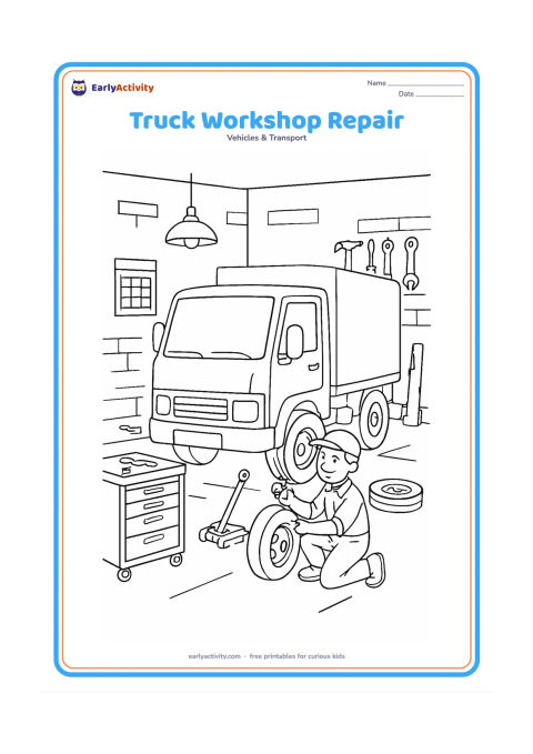 Colouring page: A truck is parked inside an open workshop while a mechanic checks a wheel, with a tool chest, jack, spare tire, hanging lamp and shelves of large tools nearby. Show the cab and cargo…