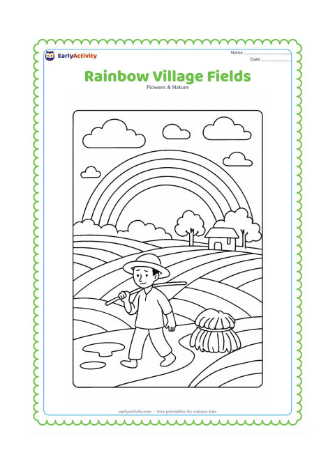 Colouring page: Draw a rainbow over Indian farm fields divided into broad curved sections, with a farmer walking beside a small hay bundle, a distant hut, trees and monsoon clouds. Add a few puddles…