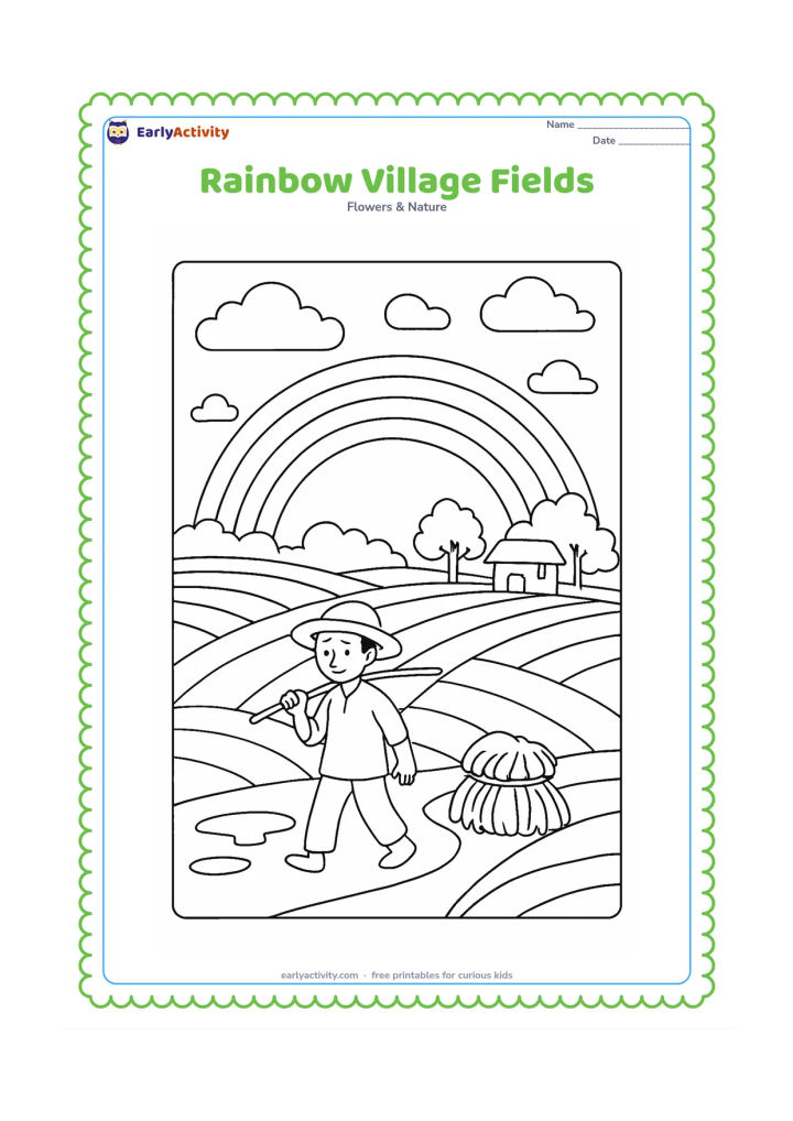 Colouring page: Draw a rainbow over Indian farm fields divided into broad curved sections, with a farmer walking beside a small hay bundle, a distant hut, trees and monsoon clouds. Add a few puddles…