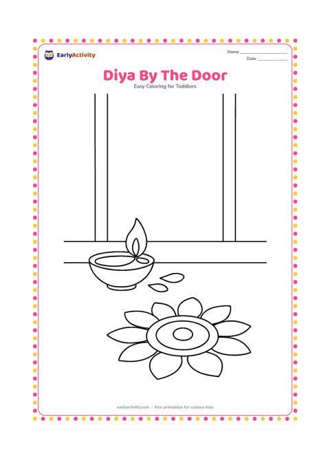 Colouring page: A small clay diya with a bright flame sits on a simple doorstep beside two flower petals. Show a plain doorway and a small rangoli made from large circles and petals, with no symbols or…